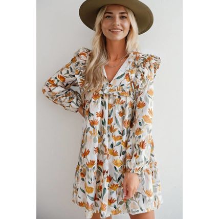 Yellow Floral Print Tie Neck Frilled Detail Long Sleeve Mini Dress