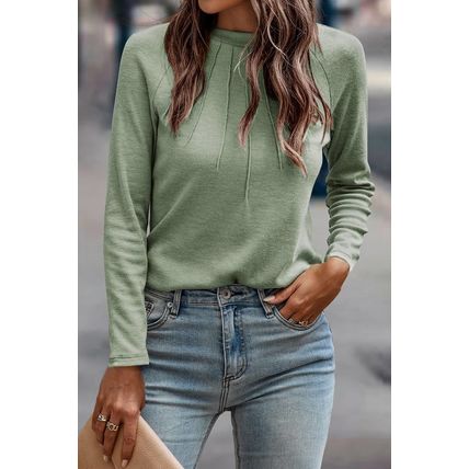 Laurel Green Solid Color Seam Detail Raglan Long Sleeve Top