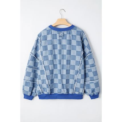 Sky Blue Checkerboard Splicing Raw Detail Oversized Denim Pullover