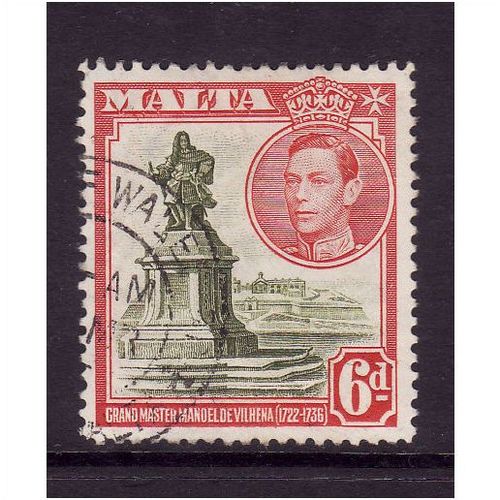 MALTA 1938 SG 225 6d OLIVE GREEN AND SCARLET FINE USED#3