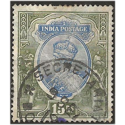 India 1913 SG190 15 Rupees Blue & Olive Fine Used ... ..