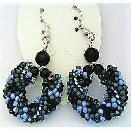 Black Onyx Bead Crochet Hoop Gemstone Dangle Earrings