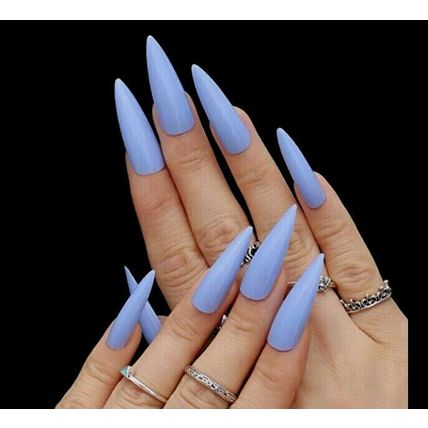 Long Stiletto False Nails Blue Full Cover Almond Press Set Fake 20 50 100 party
