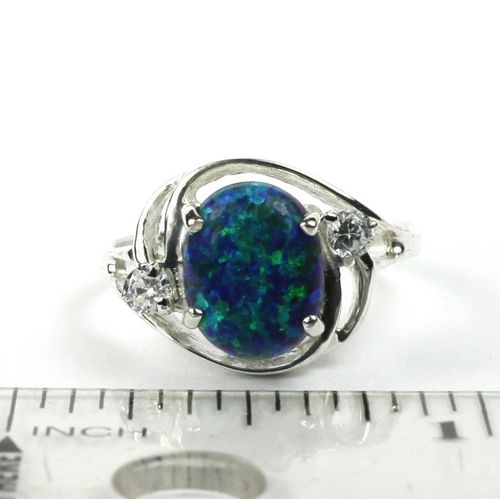 Created Blue Green Opal, 925 Sterling Silver Ladies Ring, SR021