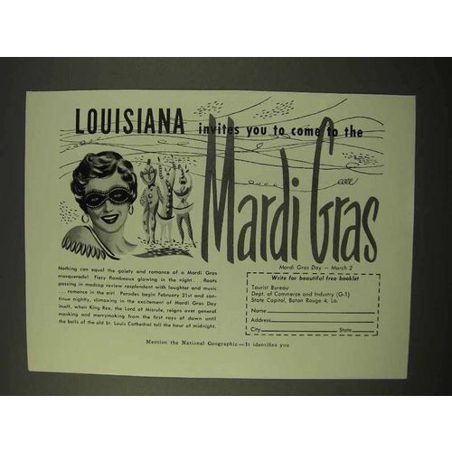 1954 Louisiana Tourism Ad - Invites You To Mardi Gras