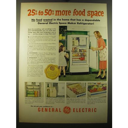 1950 General Electric Space Maker Refrigerator Ad - 25% to 50% more food space