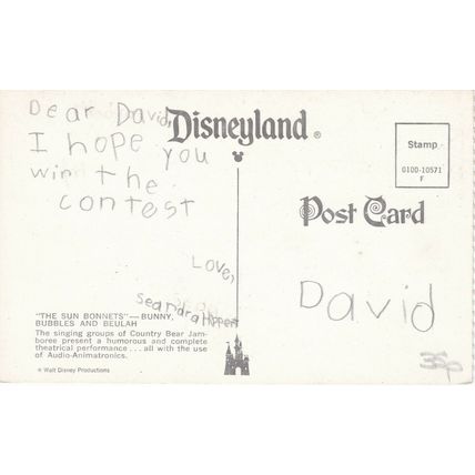 Standard size printed postcard of Disneyland The Sun Bonnets USA