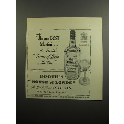 1951 Booth's House of Lords Gin Ad - The one Best Martini