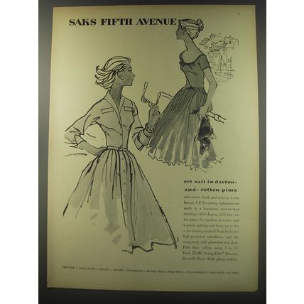1956 Saks Fifth Avenue Dresses Ad - Set sail in dacron - and - cotton pima