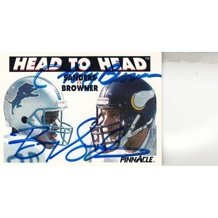 BARRY SANDERS & JOEY BROWNER 1991 AUTOGRAPHED LIONS & VIKINGS HEAD TO HEAD HOFER