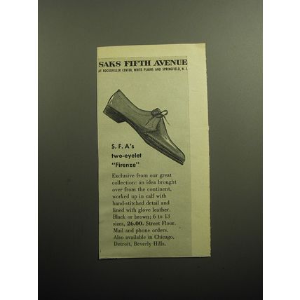 1958 Saks Fifth Avenue Shoes Advertisement - S.F.A's two-eyelet Firenze