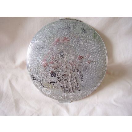 Art Deco Chrome Powder Compact Peacock & Flowers Oriental Vintage Large Flapjack