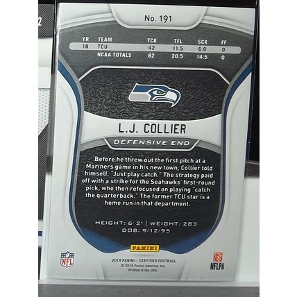 2019 Panini Certified L.J. COLLIER (Seahawks) Rookie Card #191 128/399