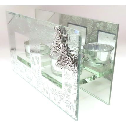Glitter Leaves Double Tea Light/Votive Holder with Butterfly Detail Glass Gift