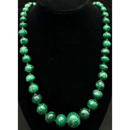 Vintage Natural Malachite Gemstone Carved Polished Bead 21" Necklace