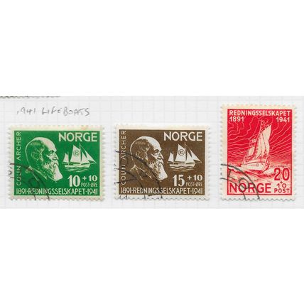 NORWAY 1941 SOCIETY SHIPWRECK RESCUE FUND LIFEBOATS ARCHER COLIN USED 3 STAMPS