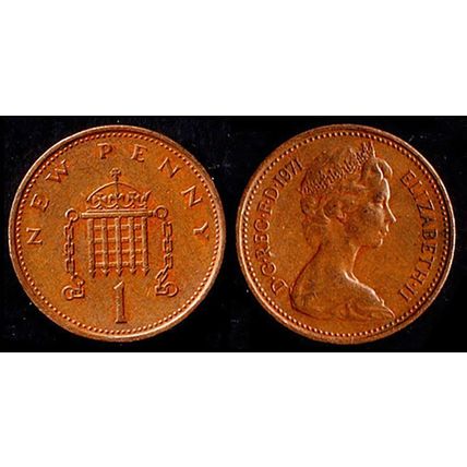 United Kingdom One New Penny 1971 Portcullis Used. Coin 1p QE II UK