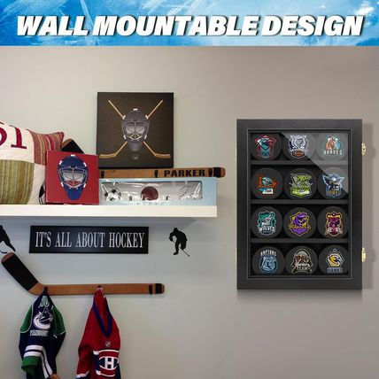 Hockey Display Case - 12 Pucks, Holder Cabinet Stand Shadow Box for Wall Mount,