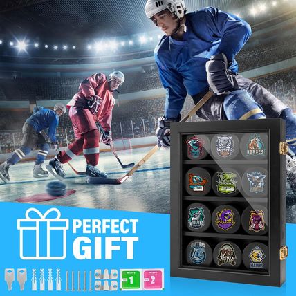 Hockey Display Case - 12 Pucks, Holder Cabinet Stand Shadow Box for Wall Mount,