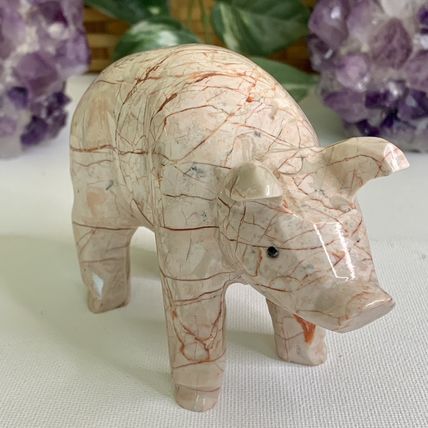 Large Pink Marble Carved Pig Figurine Farm Animal Polished Stone Swine 5" 539g