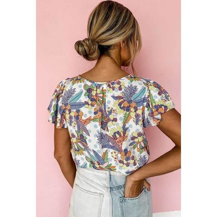 Sky Blue Floral Buttoned Round Neck Ruffled Sleeve Blouse