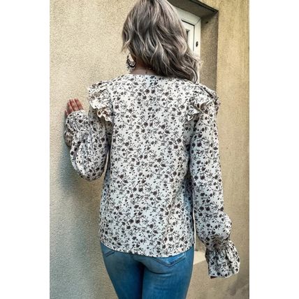 Floral Print V Neck Ruffled Blouse