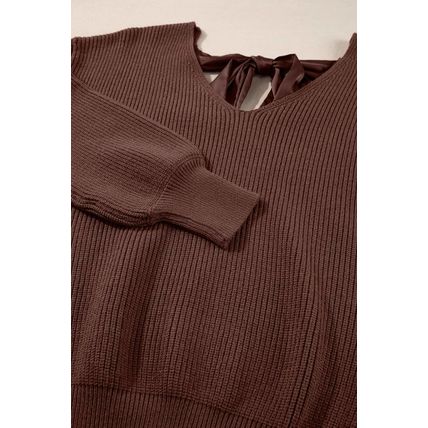 Coffee Lantern Sleeve V Neck Knot Back Sweater
