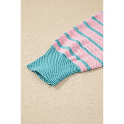 Pink Stripe Trimmed Round Neck Drop Shoulder Loose Sweater