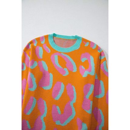 Orange Leopard Colorblock Ribbed Edge Sweater