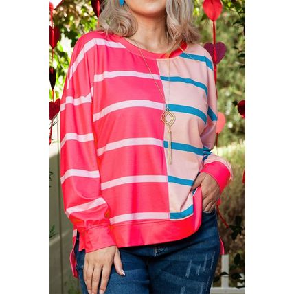 Rose Stripe Color Block Crewneck Long Sleeve Plus Size T Shirt