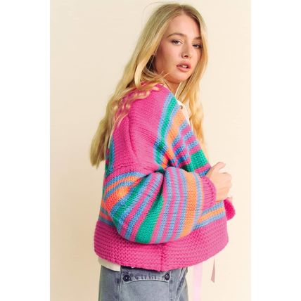 Rose Stripe Colorful Puff Sleeve Drop Shoulder Loose Cardigan
