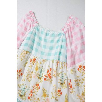 Pink Ric Rac Plaid Floral Print Patchwork Bubble Sleeve Dress