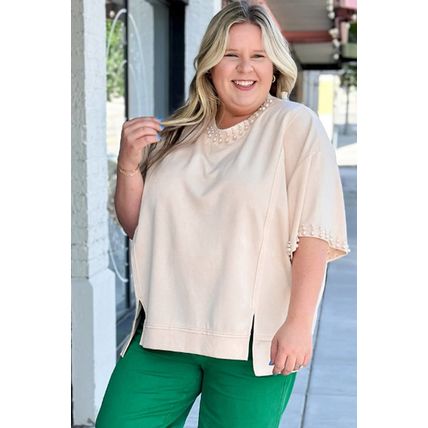 Beige Pearl Decor Crew Neck Half Sleeve Plus Size T Shirt