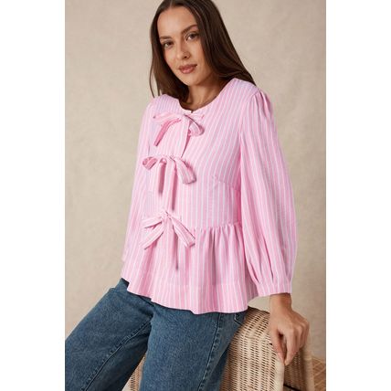 Pink Stripe Bowknot Front Crew Neck Puff Sleeve Blouse