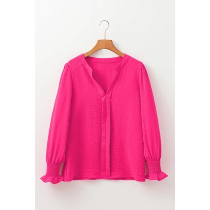 Rose Red Solid Color Shirred Cuff Notch V Neck Blouse
