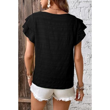 Black Textured Ruffled Sleeve Round Neck Top