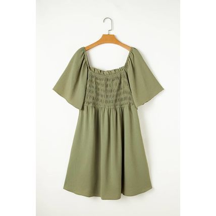 Grass Green Frilly Square Neck Flutter Sleeve Smocked High Waist Plus Size Dress