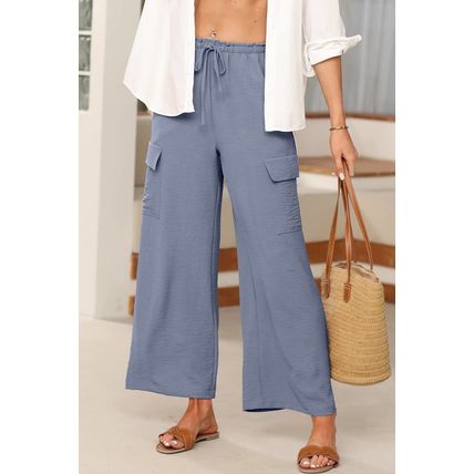 Dark Grey Drawstring Frilled Waist Wide Leg Utility Trousers