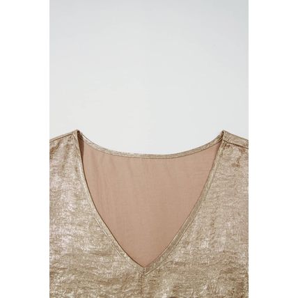 Gold Plus Size Metallic V Neck Short Sleeve Blouse