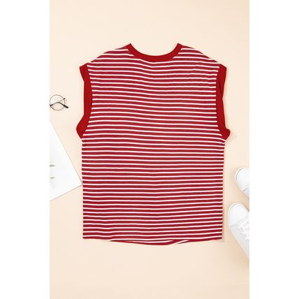 Red Stripe Chest Pocket Patch Round Neck Tank Top