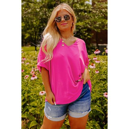 Bright Pink Seamed Back High Low Hem V Neck Cuffed Sleeve Plus Size Tee