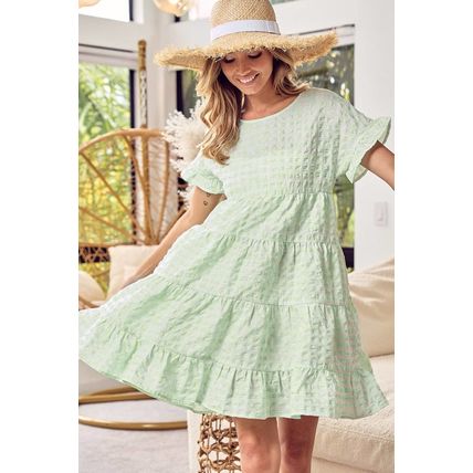 Green Stripe Textured Tiered Short Sleeve Loose Mini Dress