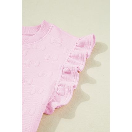 Pink Bow Jacquard Ruffle Sleeve Short 2pcs Outfit