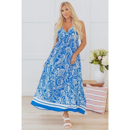 Blue Paisley V Neck Crisscross Backless Maxi Dress