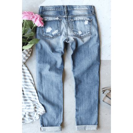 Light Blue Stars and Stripes Bow Patched Distressed Straight Jeans