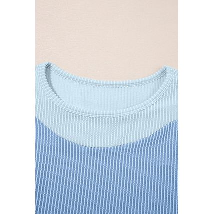 Sky Blue 2-tone Colorblock Patchwork Corded 2pcs Outfit