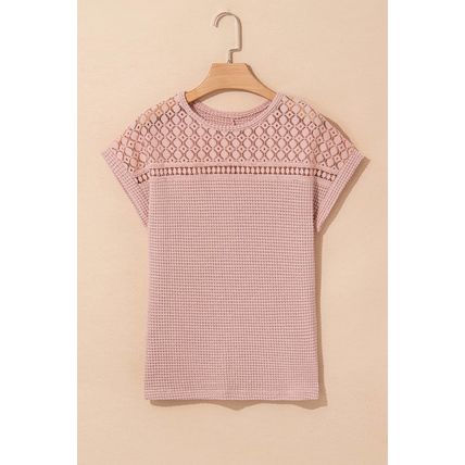 Light Pink Lace Patchwork Waffle Short Sleeve Top