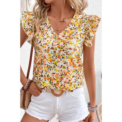 Green Floral Print Ruffled Sleeveless V Neck Tank Top