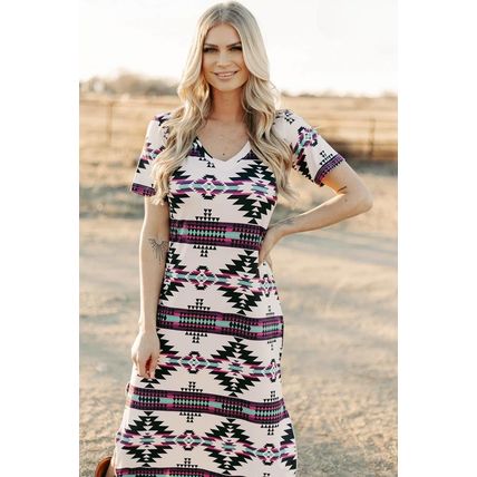 Beige Western Aztec Printed Long T-shirt Dress