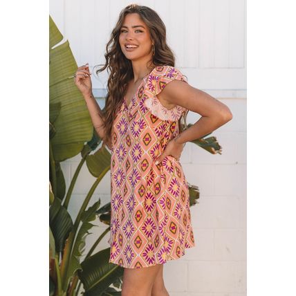 Orange Geometric Floral V Neck Buttoned Ruffled Sleeve Mini Dress